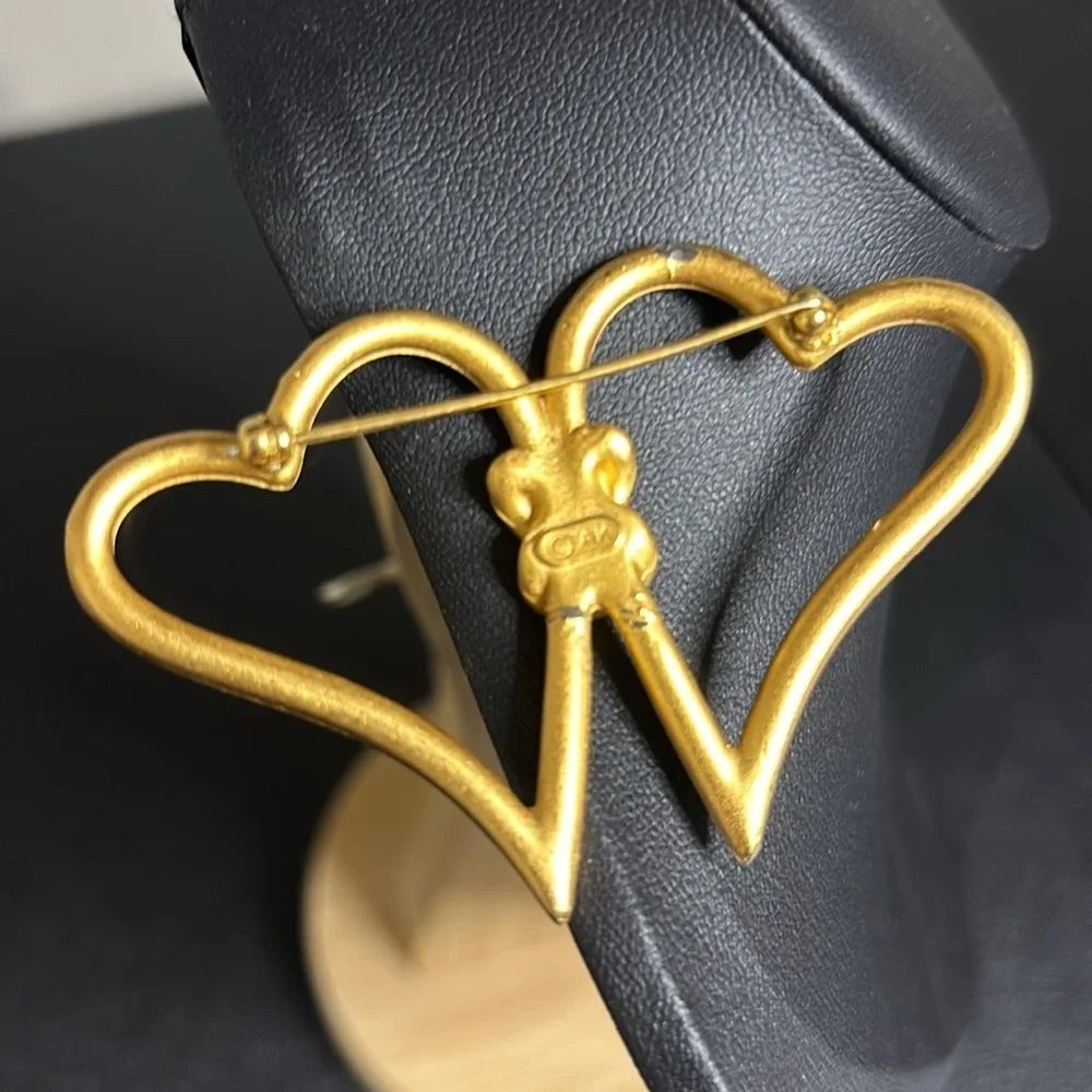 Anne Klein Open Heart Gold Tone Double Heart Brooch Signed AK